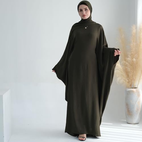 Women Muslim Abaya Dress 1Piece Bat Sleeve Islamic Maxi Robe Fashion Jilbab for Women Eid Kaftan Muslim Robe - color: Army Greena, size: Medium