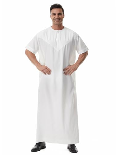 Muslim Men Abaya Short Sleeve Kaftan Islamic Arab Robe Men Dishdasha Zipper Robe Ethnic Clothes Dubai Travel Thobe - color: White, size: X-Large