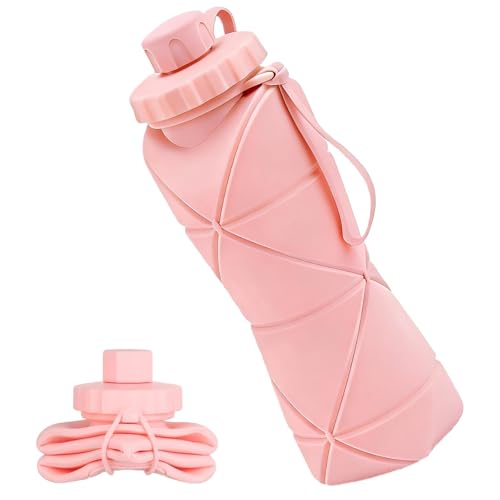 Collapsible Water Bottles 20oz (600ml), BPA-Free Silicone Foldable Portable Lightweight Reusable Water Bottle with Leak-Proof Lid & Lanyard for Outdoor Travel Cycling Gym & Camping - color: 600ML-Pink