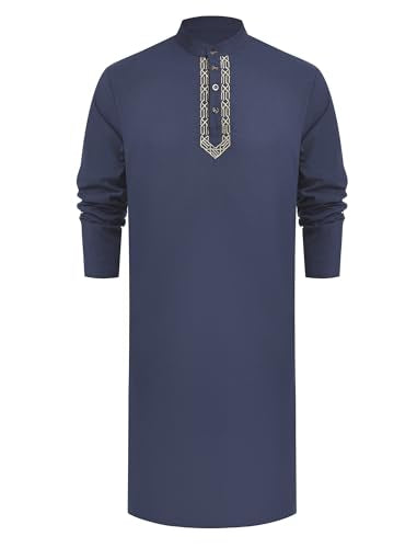 FYMNSI Men's Stand Collar Abaya Thobe for Muslim Prayer Clothes Embroidery Loose Kaftan Dishdasha Islamic Eid Ramadan Outfits - color: Dark Blue, size: Small