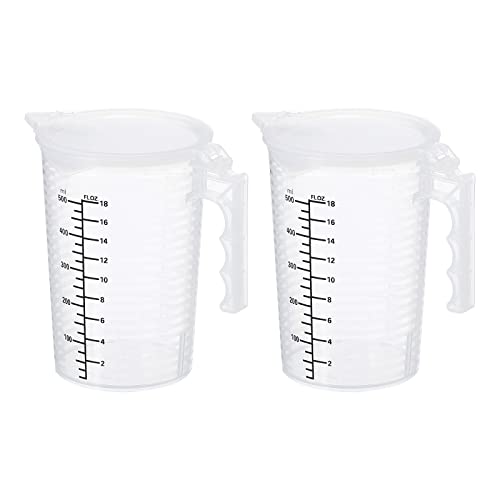 PATIKIL Graduated Beaker, 2 Pack 500ml PP Plastic Liquid Measuring Cup Double Sided Black Graduations with Handle Lid and Spout for Lab Kitchen Home - size: 500ml