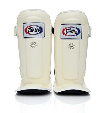 Fairtex SP3 Lightweight Shin Guards, Muay Thai MMA Avoid Shin Splints Gear | Featherweight synthetic shell with high-density padding. Articulated lower-leg armor enhances mobility and leg protection - color: White, size: Large