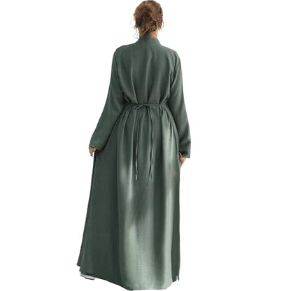 Lenmipot Elegant Middle Eastern Abaya 2pcs Stand Collar Maxi Dress for Women Muslim Jilbab Kaftan Eid Dubai Abaya Outfits - color: Grayish Greena, size: X-Large