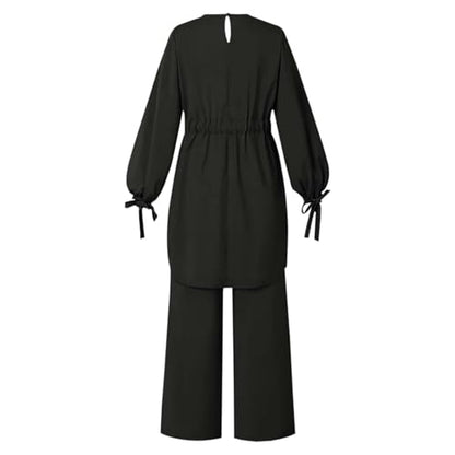 Muslim Outfits for Women Drawstring Waist Lantern Muslim Sleeve Top with Wide Leg Trousers Two Piece Set - size: Small