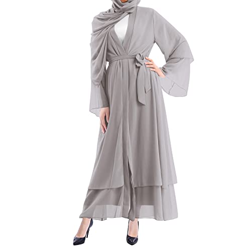 IWEMEK Women Chiffon Muslim Dress Middle East Arabian Robe Islamic Open Front Abaya Long Sleeve Flowy Maxi Cardigan Dress - color: Gray, size: Large