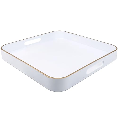 White Square Decorative Tray with Handles, 13"*13" Versatile Serving Tray for Coffee Table, Ottoman, Ideal for Serving, Displaying, Organizing - color: S White, size: 13" x 13" x 1.6"