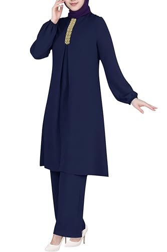 WSPLYSPJY 2 Pcs Women Abaya Set Muslim Dress Islamic Prayer Eid Outfit - color: Navy Blue, size: Large