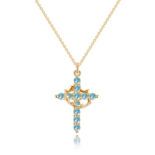 Robaice Upgraded Crown Cross Necklace for Women, 14K Gold Plated - color: M03 Aquamarine Blue, Mar