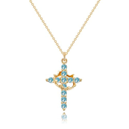 Robaice Upgraded Crown Cross Necklace for Women, 14K Gold Plated - color: M03 Aquamarine Blue, Mar