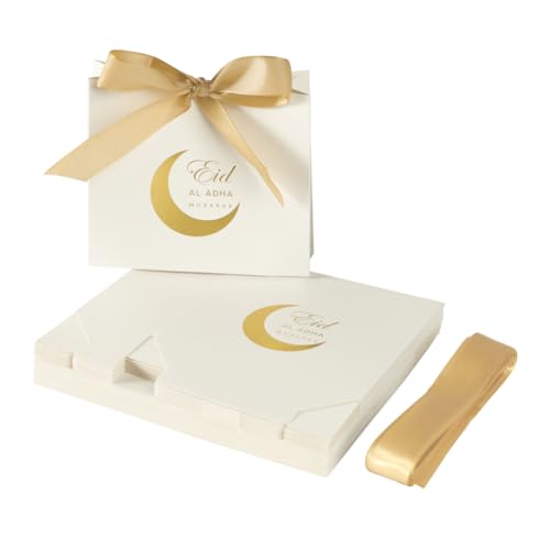 Haozaikeji 20 Pack Eid Party Favor Box, Moon & Castle Pattern, Gold & White, 4.5 x 3.8 Inch, DIY Treat Paper Box with Ribbon Bow, Ideal for Eid Al Fitr Party Supplies - color: gold-moon