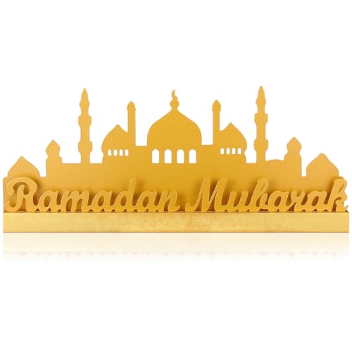 13.78 Inch Metal Ramadan Table Sign Ramadan Mubarak Letter Sign Eid Decorations for Home Muslim Golden Palace Islamic Table Centerpiece for Islamic Home Office Kitchen Party Decor Gifts - style: Modern