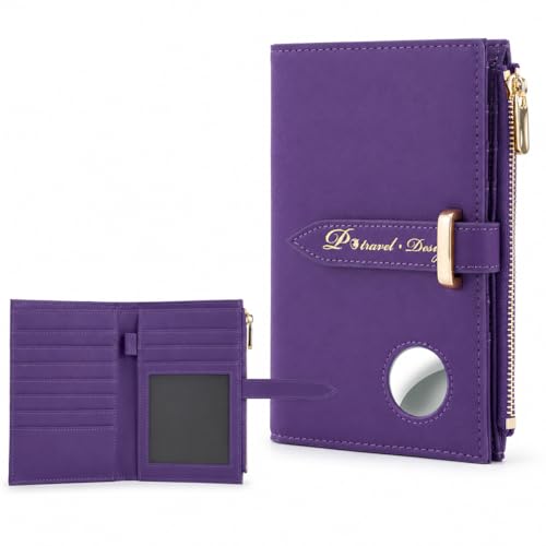 Passport Holder for Travel, Slim RFID Wallet with AirTag Holder, PU Leather - color: PURPLE PRO