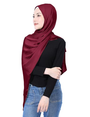 Luxury Silky Satin Hijab for Women, Shimmer Crinkle Muslim Head Scarf, Graceful Feminine Charm - color: Wine Red
