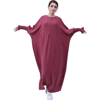 Lenmipot Islamic Women Jilbab Abayas Muslim Abaya Dress for Women Middle East Kaftan Dubai Dress Eid Prayer Clothes - color: Dark Red
