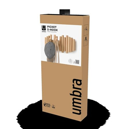 Umbra Picket Coat Rack, Wall Mount 5 Flip-Down Coat Hooks, Natural | Beveled pine wood dowels, supports up to 5 lbs, mounting hardware included, space saving - color: Natural, size: 5-Hook