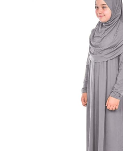 Prien Kids Prayer Dress Muslim Clothes for Girls Long Sleeve Abaya with Hijab Two Piece Maxi Islamic Set Scarf Kaftan Jilbab - color: Grey
