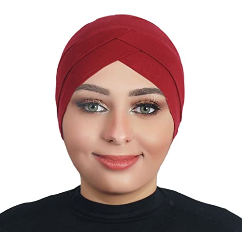 Solid Color Full Cover Inner Hijab Caps Muslim Forehead Cross Turban Stretch Hijab for Women Head Scarf Under Hijab - color: Burgundy