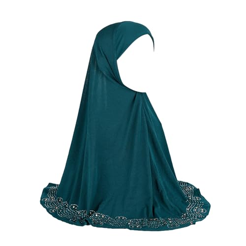 ZGMYC Women Shiny Rhinestones Muslim Hijab Elegant Long Turban Cap Head Wrap Scarf - color: Peacock Blue(golden Beads & Rhinestones)