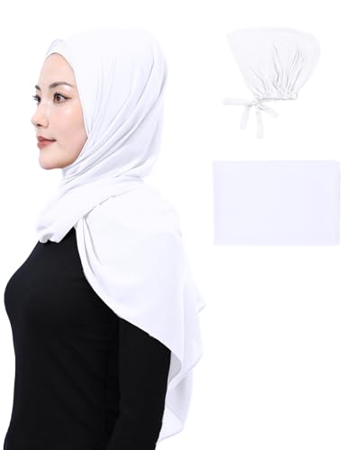 Matched Hijab and Undercap Set, Chiffon Muslim Head Scarf for Women, A Perfectly Decent Combination - color: White