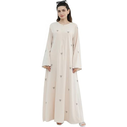 Abaya Dress for Muslim Women Bow Front Zipper Side Pockets Ramadan Eid Robe - color: Beige, size: Large