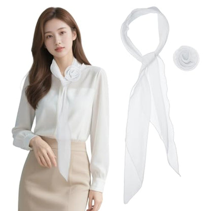 Chiffon Scarf for Women, Long Skinny Chiffon Neckerchief with Detachable Rose Flower Light Soft for Hair Ribbon - color: White
