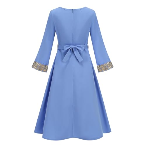 OBEEII Girls Muslim Abaya Ramadan Long Bell Sleeve V Neck Sequins Church Prayer Dress with Belt Islamic Eid Robe Kaftan - color: Blue-sequins, size: 12-13 Years