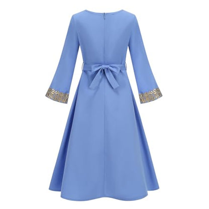 OBEEII Girls Muslim Abaya Ramadan Long Bell Sleeve V Neck Sequins Church Prayer Dress with Belt Islamic Eid Robe Kaftan - color: Blue-sequins, size: 12-13 Years