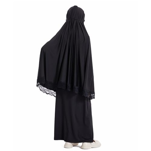 Girls Abaya Muslim Prayer Dress 2 Piece Maxi Sleeve Full Cover Lace Hijab Kaftan Tops Long Skirt Kids Soft Elastic - color: Black, size: 7-8 Years