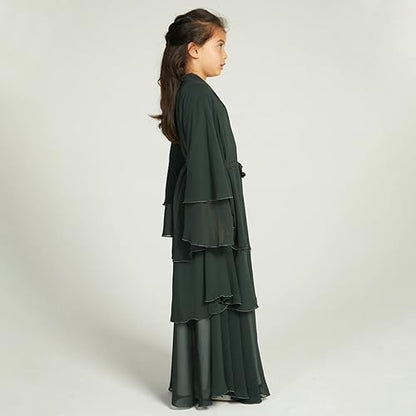 IDOPIP Muslim Girls Abayas Dress for Kids Long Sleeve Chiffon Islamic Kaftan Robe Open Front Cardigan Prayer Dress with Hijab - color: Green, size: 11-12 Years