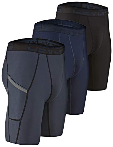 DEVOPS 3 or 5 Pack Men's Compression Shorts with Pocket/Non-Pocket | Ergonomic Compression Support, 4-Way Stretch Materials, Advanced Moisture Wicking - color: 0# (Pocket) Black / Charcoal / Navy, size: X-Large