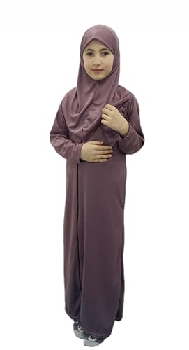 Abaya for little girls sleeved Prayer Dress &Hijab One-piece prayer dress with hijab muslim girls jilbab Abaya. - color: Purple, size: 2