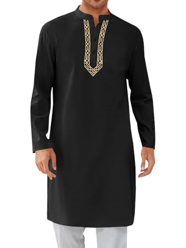 Runcati Mens Kaftan Thobe Button Down Casual Henley Shirts Long Sleeve Robe Cotton Linen Muslim Gown Shirt - color: Black, size: Small