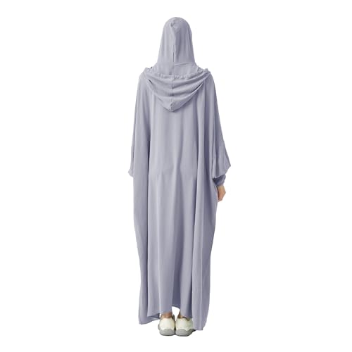 Abaya Muslim Dress Women Prayer Dress Long Sleeve Hooded Loose Maxi Dress Arabian Dubai Islamic Clothes - color: Gray
