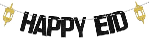 Happy Eid Banner, Eid Festival Party Decor, Umrah Mubarak Banner, 2024 Eid Mubarak Hajj Mubarak Islamic Muslim Festival Party Supplies Gold Black - color: Black