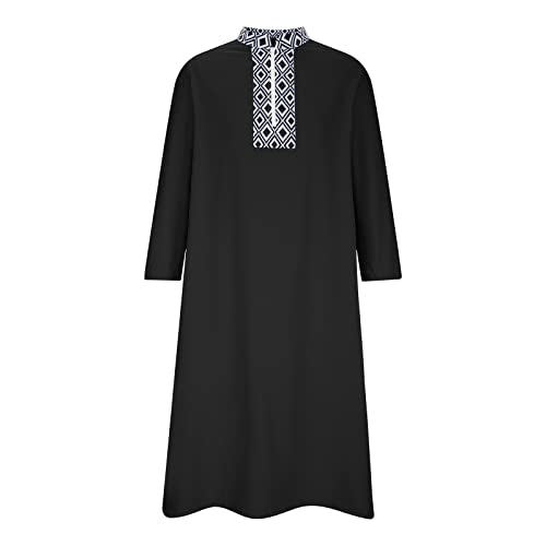 Ctreela Mens Zip V Neck Kaftan Thobe Button Down Casual Henley Shirts Long Sleeve Robe Ramadan Muslim Gown Thawb Shirts - color: Black, size: Small