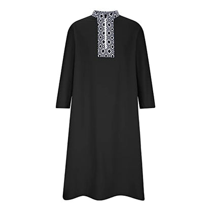 Ctreela Mens Zip V Neck Kaftan Thobe Button Down Casual Henley Shirts Long Sleeve Robe Ramadan Muslim Gown Thawb Shirts - color: Black, size: Small