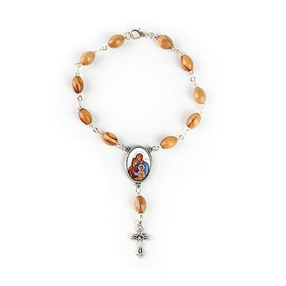 Olive Wood Car Rosary for Rearview Mirror from The Holy Land of Bethlehem - Auto Rosary with Holy Family Byzantine Medal & Crucifix Cross Charm - 7" Pocket Rosary Beads for Hanging - color: Holy Family Byzantine