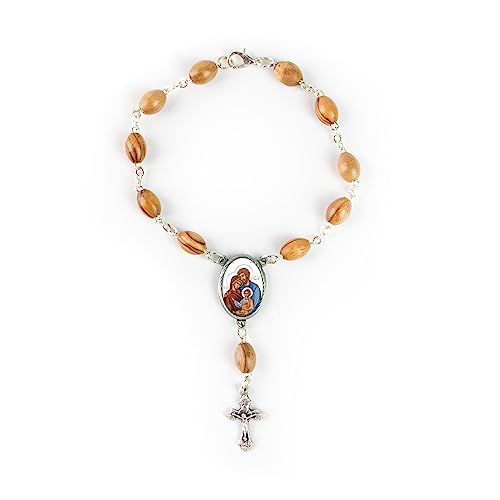 Olive Wood Car Rosary for Rearview Mirror from The Holy Land of Bethlehem - Auto Rosary with Holy Family Byzantine Medal & Crucifix Cross Charm - 7" Pocket Rosary Beads for Hanging - color: Holy Family Byzantine