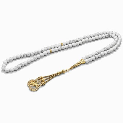 Amazing Gemstone Crystal Tasbeeh with Moon and Star Charm - Certified Crystal Muslim Prayer Beads Natural Gemstone Tasbih Gift for Ramadan Dhikr and Daily Namaz (G) - color: Howlite