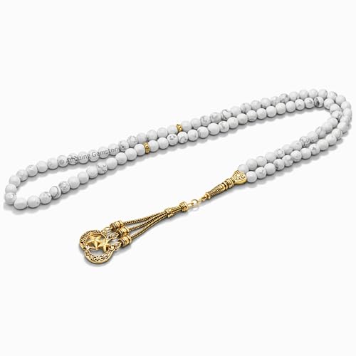Amazing Gemstone Crystal Tasbeeh with Moon and Star Charm - Certified Crystal Muslim Prayer Beads Natural Gemstone Tasbih Gift for Ramadan Dhikr and Daily Namaz (G) - color: Howlite