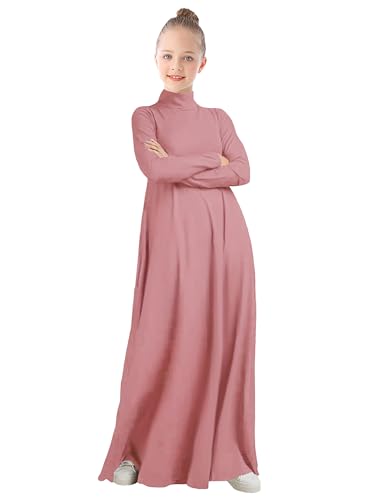 WSPLYSPJY High Neck Kids Girls Abaya Dress Solid Color Muslim Robe Prayer Clothes with Pockets - color: 핑크, size: 13-14세