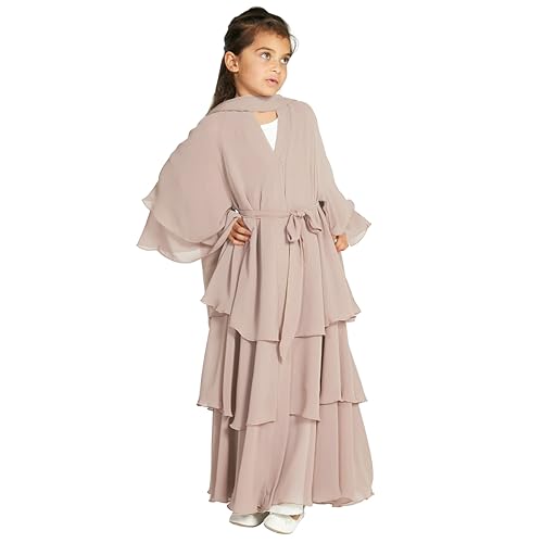 Kids Abayas Dress for Girls Muslim Dress with Hijab Chiffon Layered Islam Kaftan Robe Open Front Cardigan Prayer Dress - color: Apricot, size: 9-10 Years