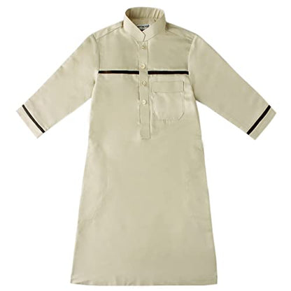 Boy's Muslim Arab Islamic Kaftan Embroidered Robe Solid Color Thobe Islamic Arabic Abaya Ethnic Dress With Pockets - color: Beige Stripe, size: 11-12 Years