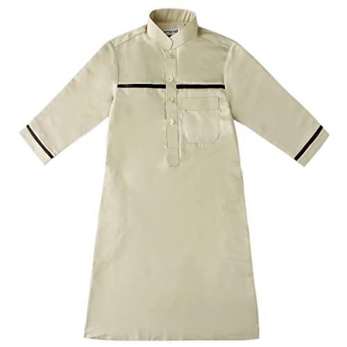 Boy's Muslim Arab Islamic Kaftan Embroidered Robe Solid Color Thobe Islamic Arabic Abaya Ethnic Dress With Pockets - color: Beige Stripe, size: 11-12 Years