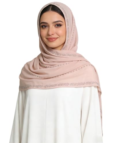 RARITYUS Sparkly Rhinestone Hijab Scarf for Women Silky Chiffon Instant Muslim Islamic Hijab Head Wrap Long Shawls - color: Pink