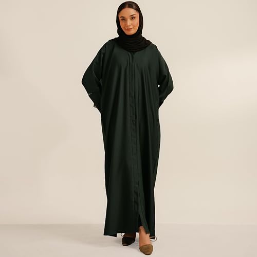 Abaya Dress for Women, Fully Button Up Muslim Abaya in Premium Nida Fabric – Long Sleeve Modest Islamic Maxi Dress - color: Dark Green, size: Medium