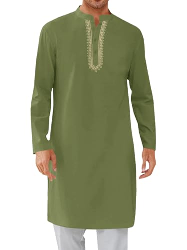 Yousify Mens Kaftan Thobe Casual Henley Shirts - color: Army Green, size: X-Large