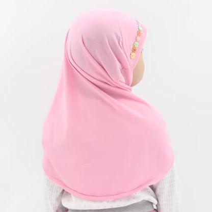 Girls Instant Hijab – Soft Kids Muslim Scarf with Flower, Breathable One-Piece Headscarf for Toddlers Age 2-8 - color: Small Flower-pink