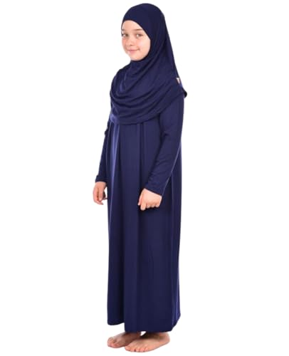 Prien Kids Prayer Dress Muslim Clothes for Girls Long Sleeve Abaya with Hijab Two Piece Maxi Islamic Set Scarf Kaftan Jilbab - color: Navy Blue