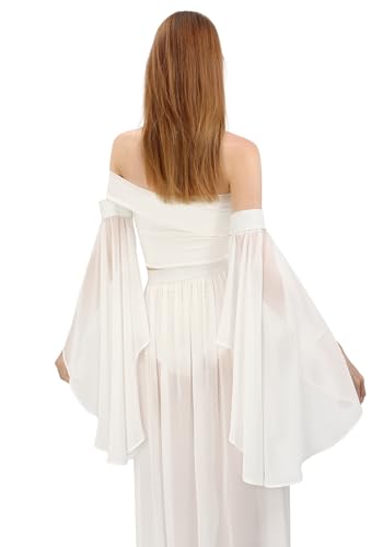 DAZCOS Victorian Long Tulle Sleeves for Women Chiffon Detachable Gloves for Wedding Dress Halloween Party Pageant - color: All-white